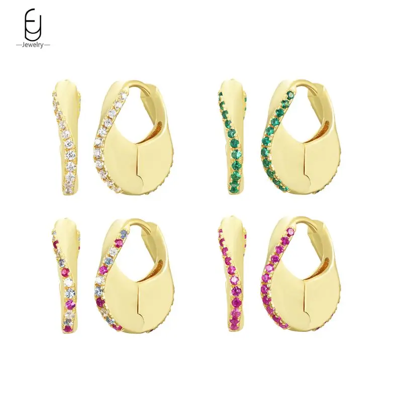 

925 Sterling Silver Ear Needle Colorful Crystal Geometric Hoop Earrings For Women Luxury Twist Gold Earrings Fashion Jewelry