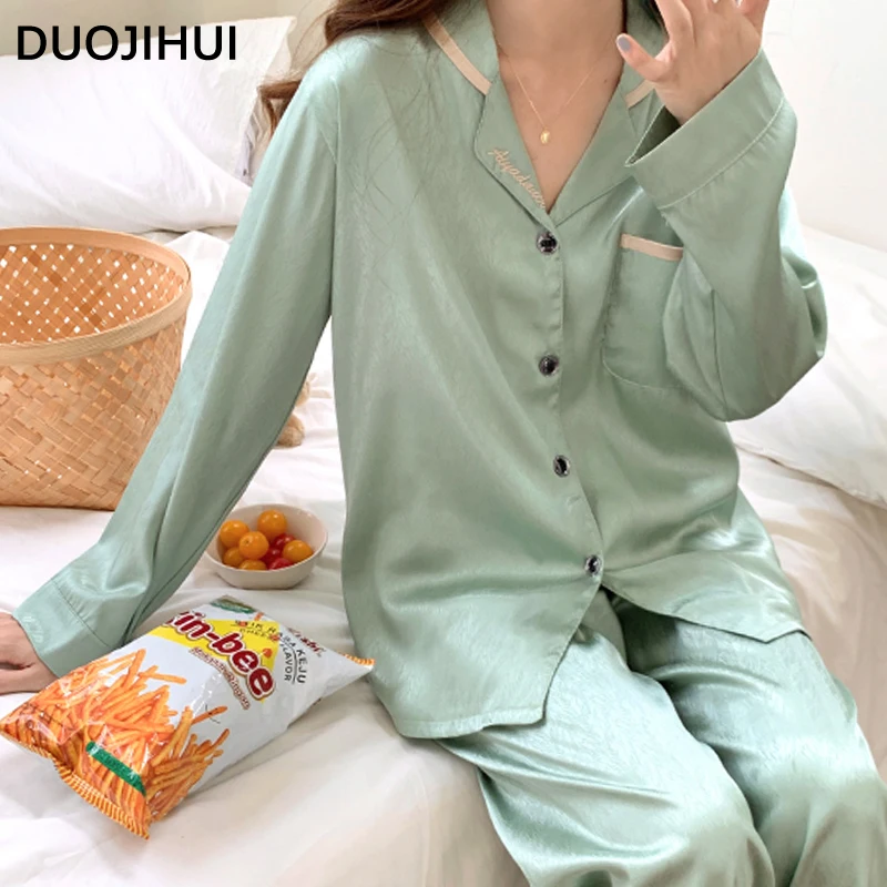 DUOJIHUI-Conjunto de pijama para mujer, cárdigan de manga larga, pantalón informal, Color sólido, moda de otoño, 3 colores