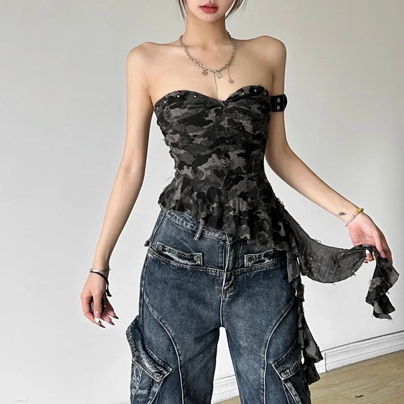 2024 Europe And The United States Style Summer New Women's Line Shoulder Sexy Backless Irregular Edge Camouflage Small Vest