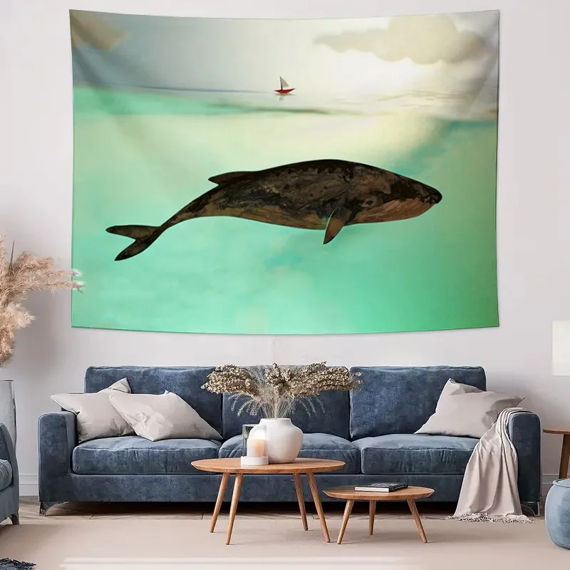 Whale Swimming in Turquoise Ocean with Sailboat Tapestry Machine Washable All Season Decor Home Simple Installation non-toxic