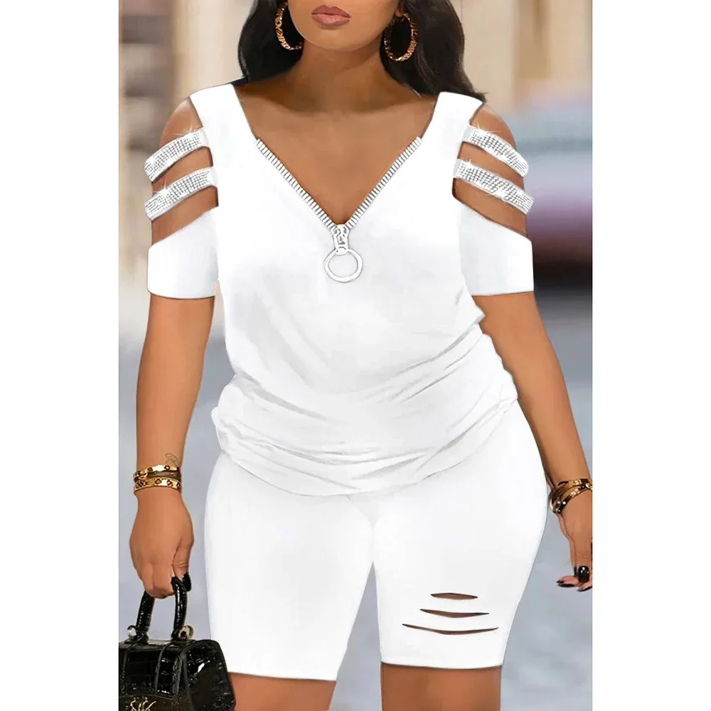 Plus Size White Daily Cut Out Zipper Cold Shoulder V Neck Cotton Two Piece Short Sets