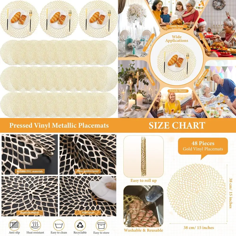 

Gold Round Vinyl Placemats 15 Inch, Hollow Out Design, Non-Slip Washable Bulk Chargers for Table Settings, Pressed PVC Mat Set