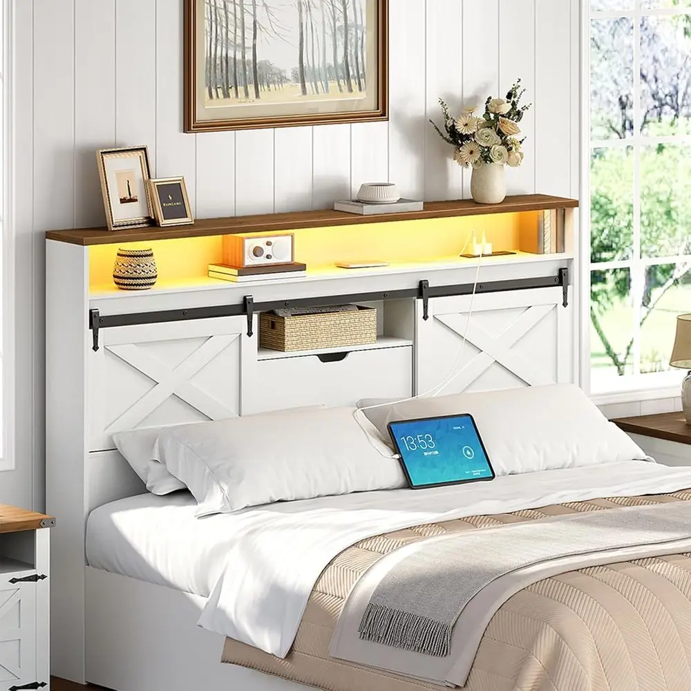 

Queen Size Storage Bed with Charging Station and LED Lights, Bookcase Headboard, Sliding Barn Doors, White and Walnut Finish