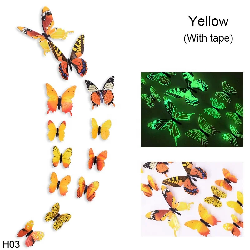 Wholesale Popular 12 Pc 3d 2 Layer Simulation Home Wall Decoration Glue Double Wing Luminous Butterfly Sticker