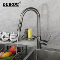 OUBONI 360 Rotate Kitchen Sink Faucets Pull Out Modern Kitchen Faucet Deck Mounted Hot And Cold Water Mixer Tap W/ Storage Rack