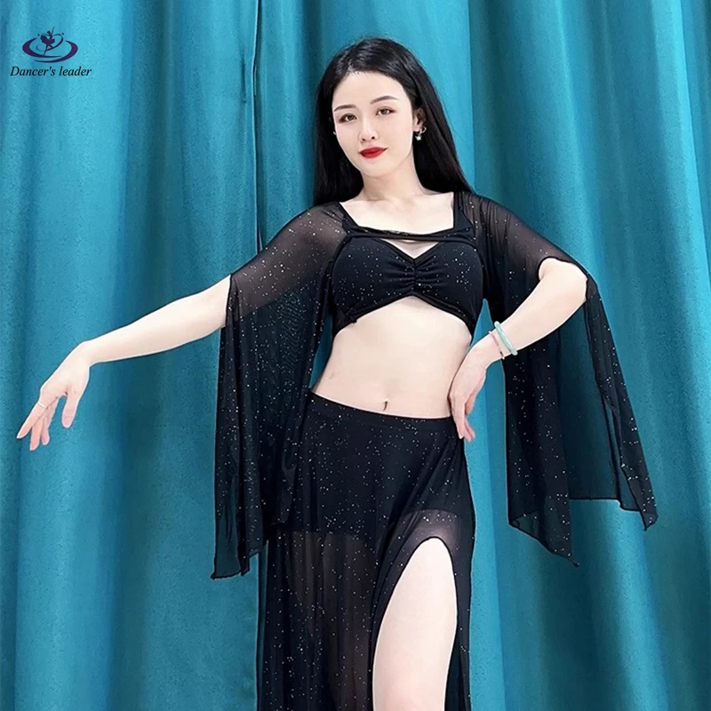 Belly Dance Practice Dress Master Silver Rose Print Mesh Elegant Split Skirt suit Dance Performance Dress