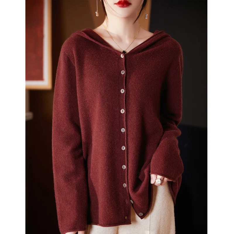 

100% pure wool ladies curling hooded knit cardigan loose new cashmere sweater coat in autumn and winter