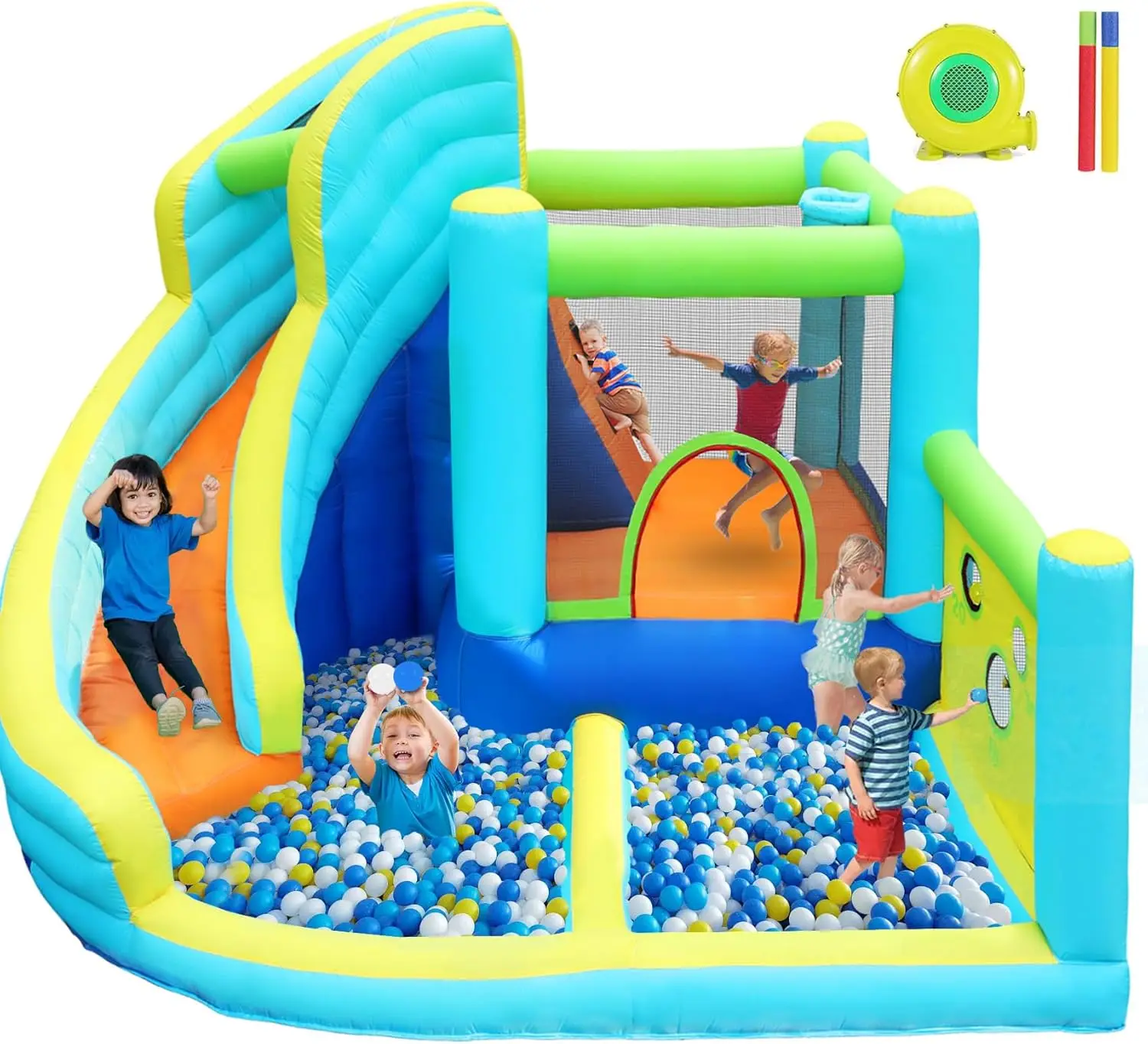 Inflatable Bounce House, Water Slide Park Slide Bouncer with Ball Shooting, Climbing Wall, Jumping and Splash Pool, Kids