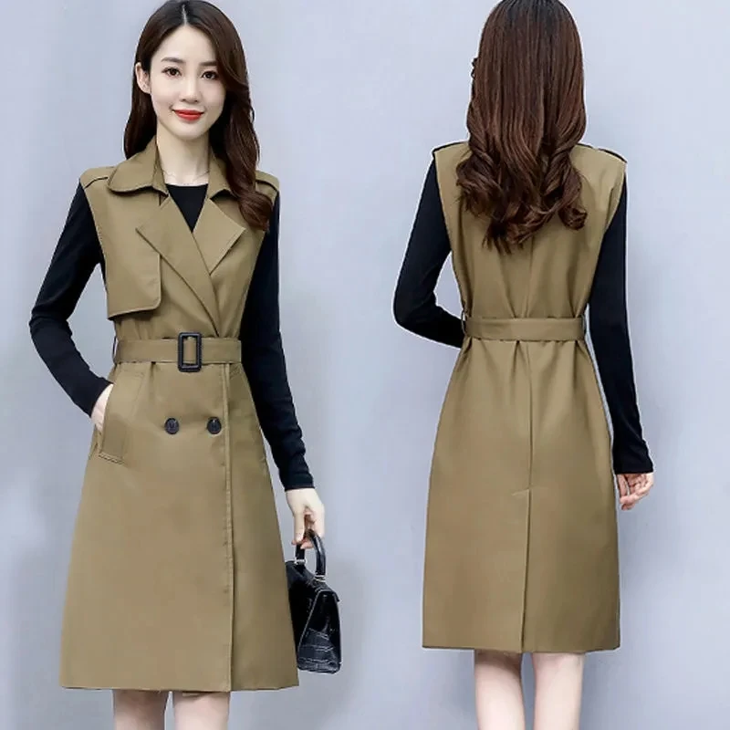 Women Tank Top Coat New Spring Autumn Jacket Korean Belt Solid Sleeveless Vest Long Windbreaker Female Waistcoat Outerwear 5XL