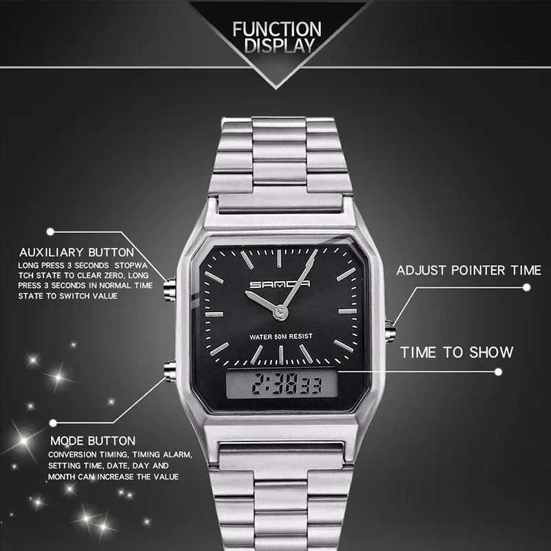 SANDA  2025 Hot Sell Dual Display LED Digital Watch Classic Business fashion Men Women Wristwatch Multifunctional Electronic Dia