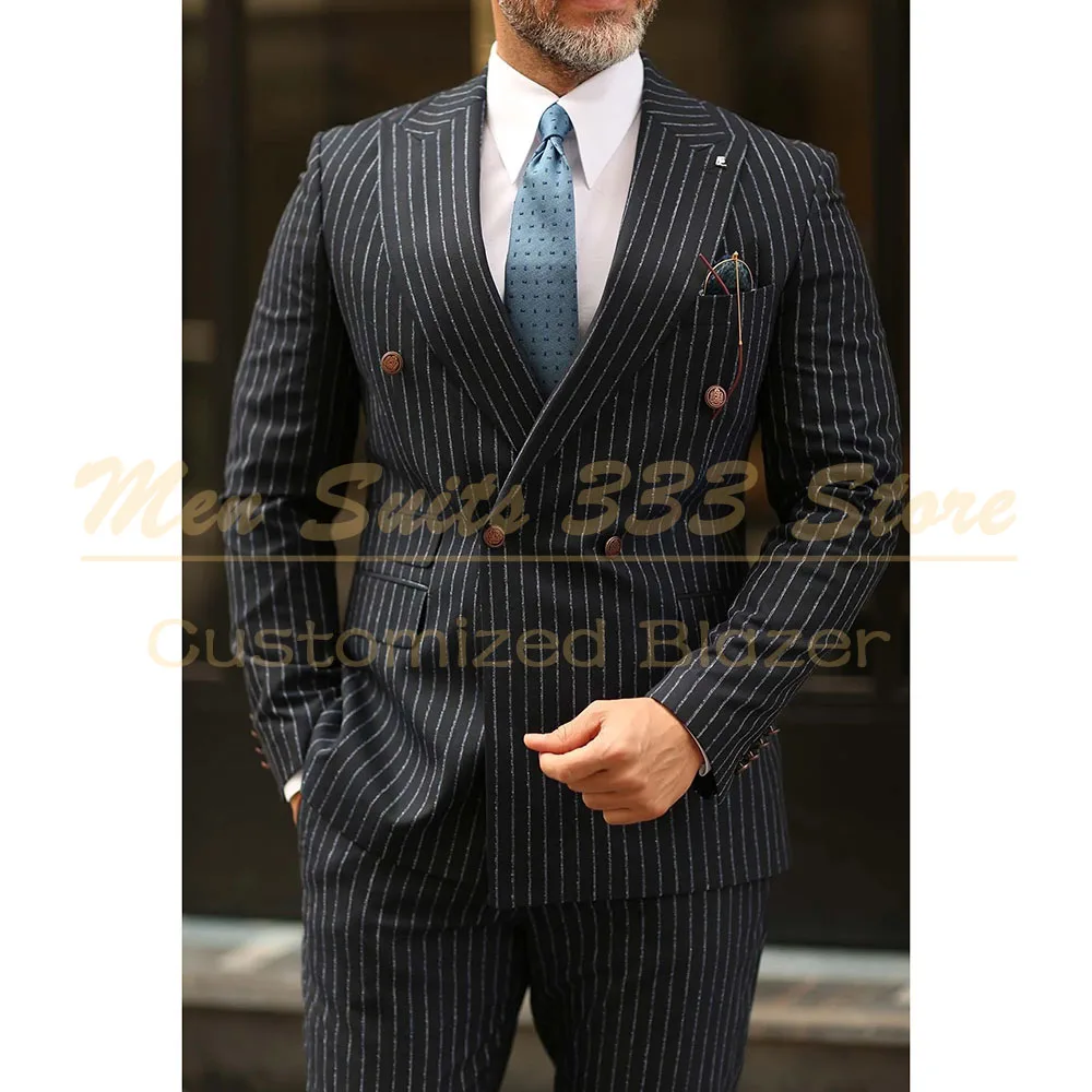 

KSDN Fashion Black Stripe Suits for Men 2025 High Quality Double Breasted Peak Lapel Slim Fit 2 Piece Jacket Pants Outfits Terno