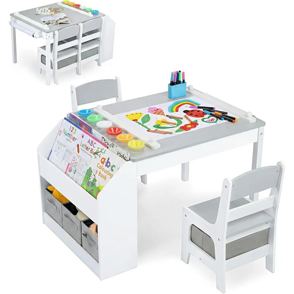 Kids Art Table & 2 Chairs Set, Paper Roll & Bookshel, Grey | Wood Toddler Activity Table w/Storage, Ding, Studying, Playing, Kid