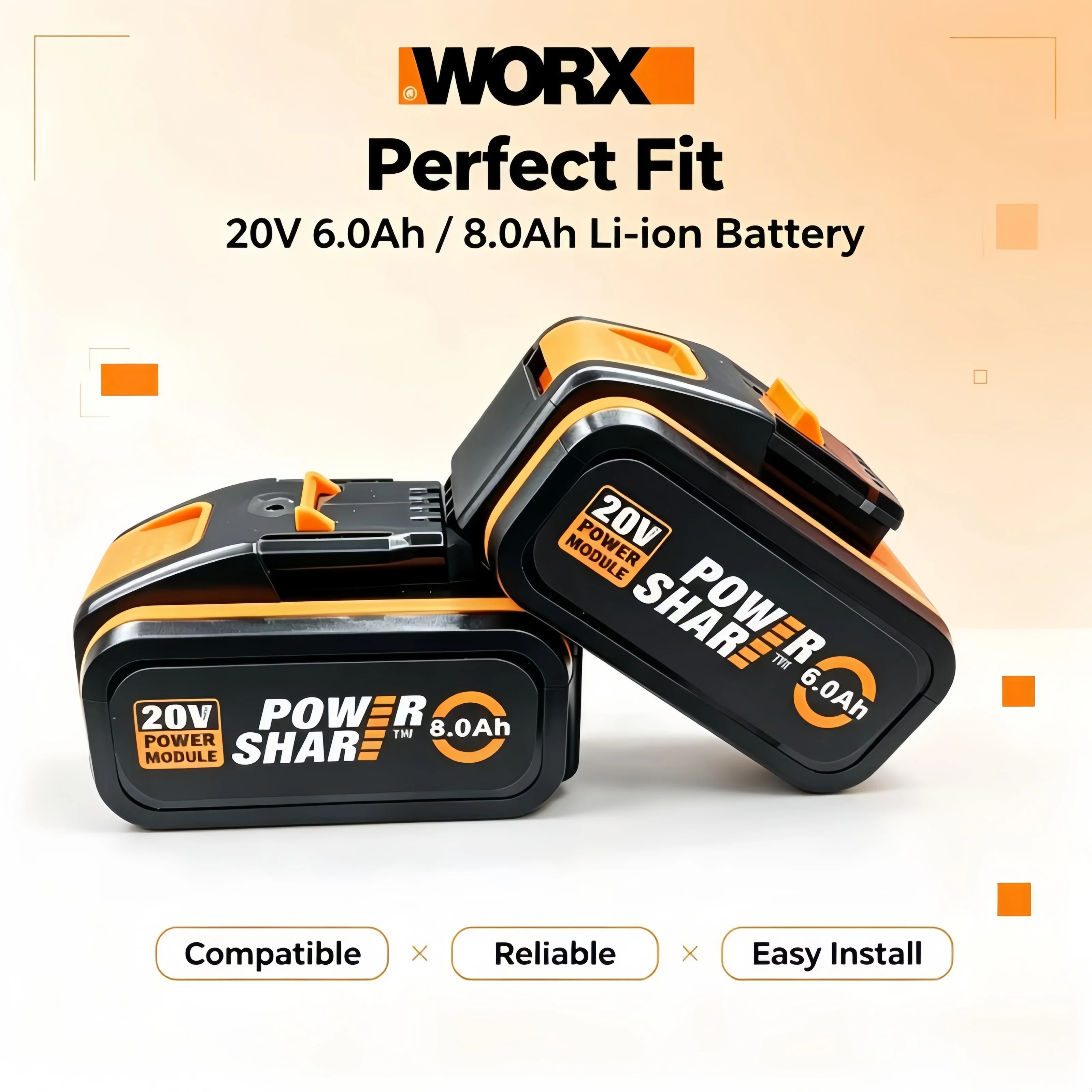 Original WORX 20V 8Ah Fast Charge Battery WA3551 WX390 WG629, Stable High Output Lithium Battery for Outdoor Cleaning Tools