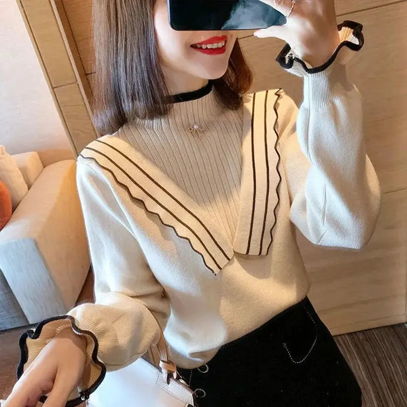 Women Autumn Winter Korean Fashion Loose Ruffles Mock Neck Long Sleeve Knitwear Women Clothes Casual All-match Bottoming Shirt