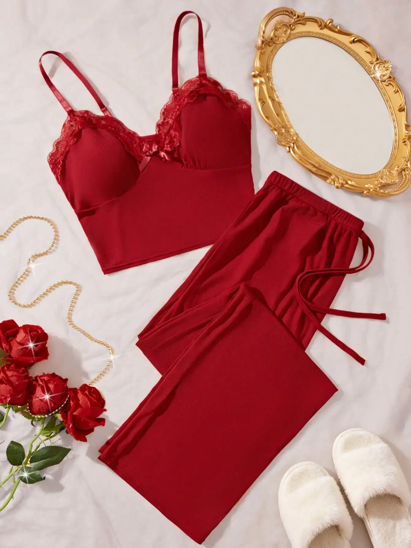 

Red Lace Trim Bra & Drawstring Waist Pajama Set for Women