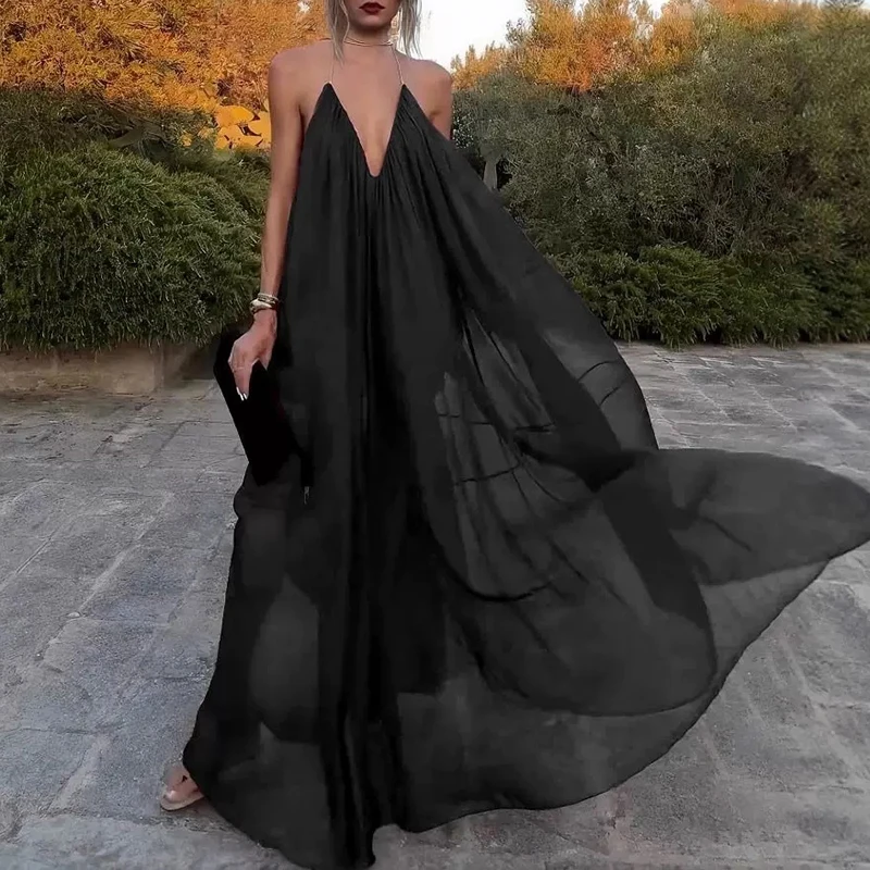 Sexy feminino sem costas vestido de convidado de casamento 2025 férias de verão cor sólida vestido longo casual baixo corte com decote em v vestido de festa plissado