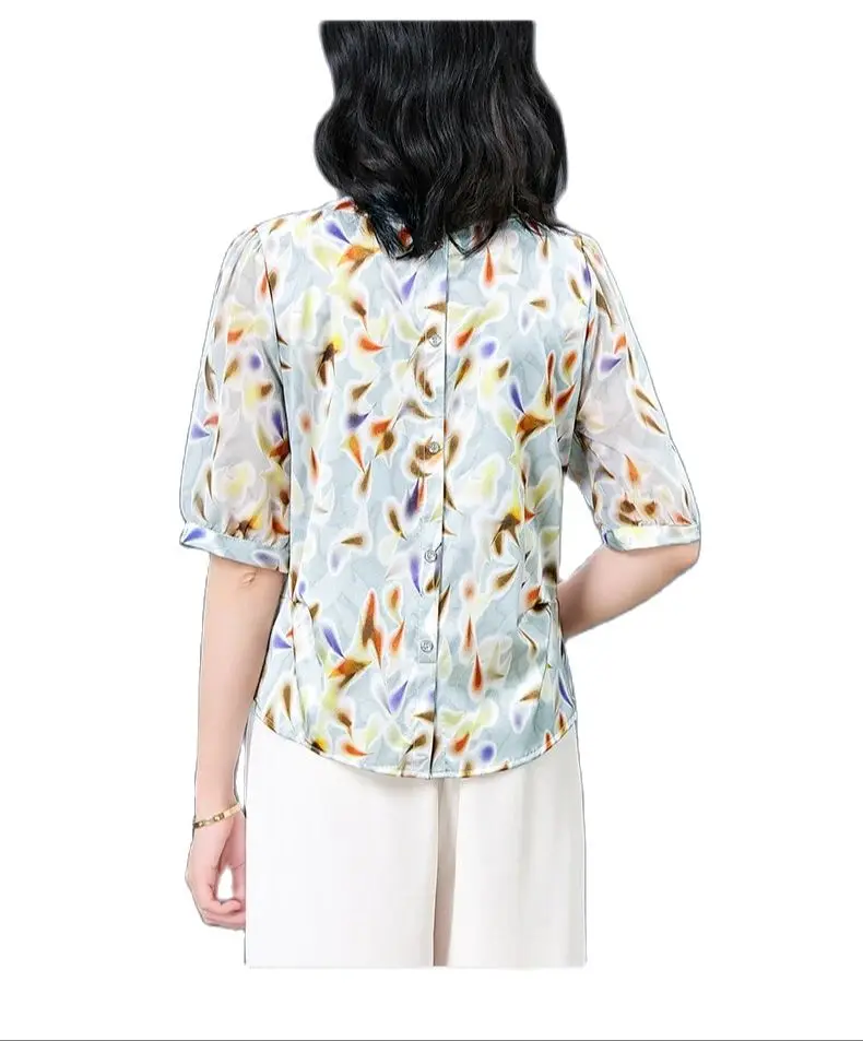 BirdTree, 91% Real Silk Fashion Shirt, Women's Short Sleeve Printed, Oversize Mom Elegant Blouse, 2024 Summer 4XL Tops T444134QM