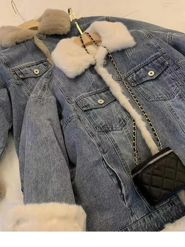 Coat Women Denim Coats Turn Down Collar Jackets Y2k Streetwear Work Lamb Wool Elegant Casual Loose Jacket Autumn Winter