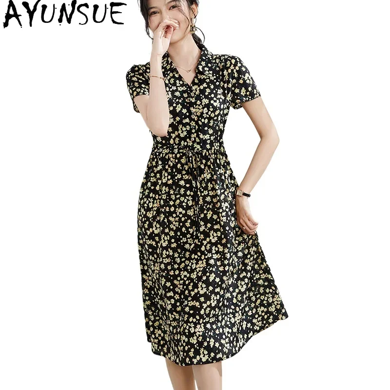 

AYUNSUE 100% Real Mulberry Silk Dress Luxury Long Dresses 2024 Women Summer Old Money Style Womans Clothing Vestidos Largos