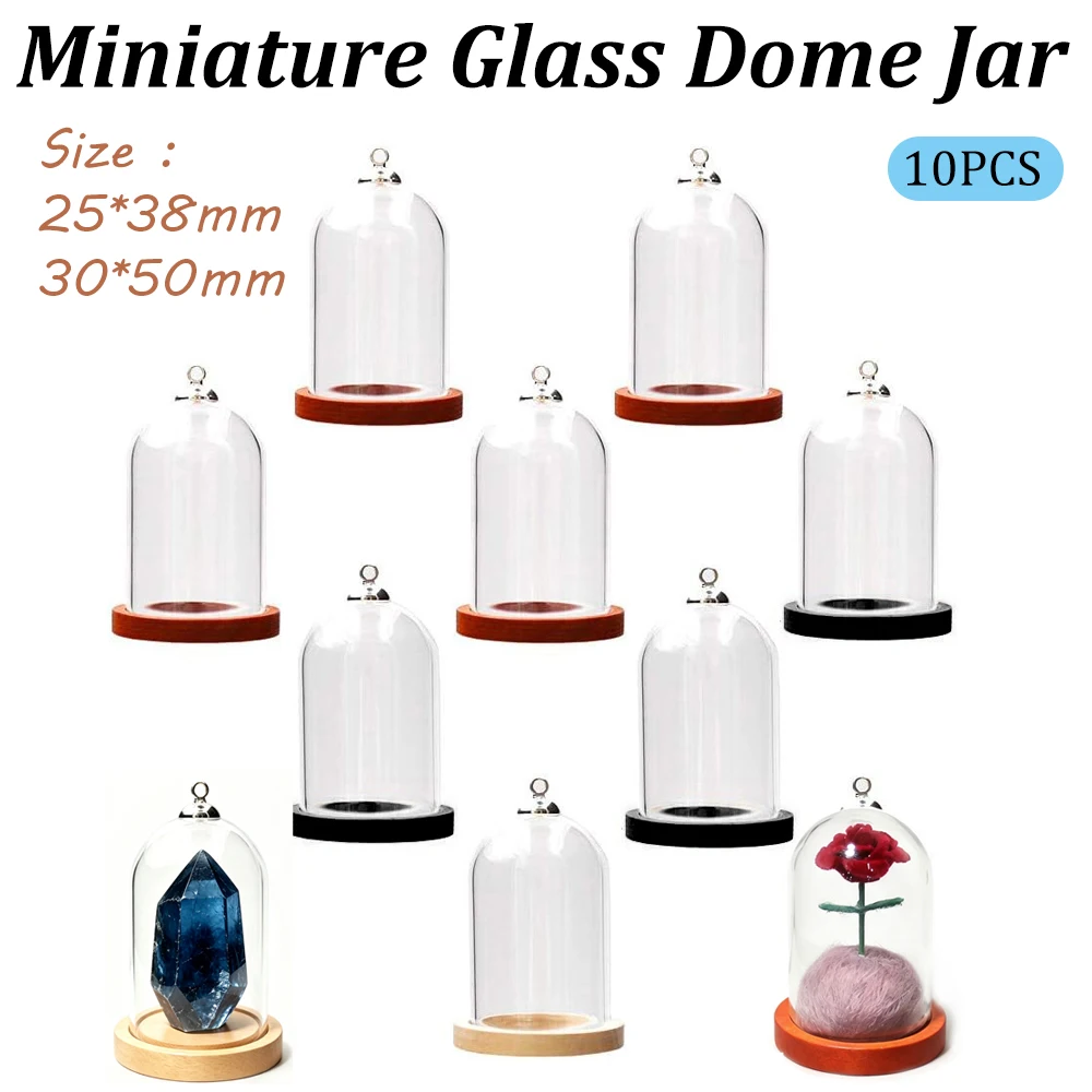 Tiny Miniature Glass Dome Jar Wooden Base Silver Loop Mini Display Bell Jar For DIY Craft Dollhouse Jewelry Making Accessories