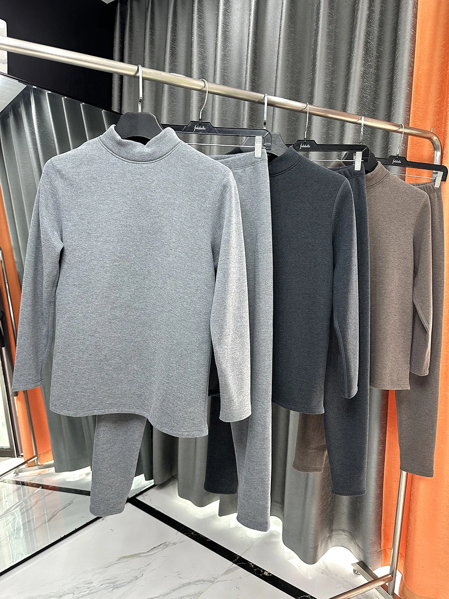 

Men's Knitted Thickened Fleece Underwear Set Warmth Trapping Base Layer Long Sleeve Long Pants Polyester Spandex Blend