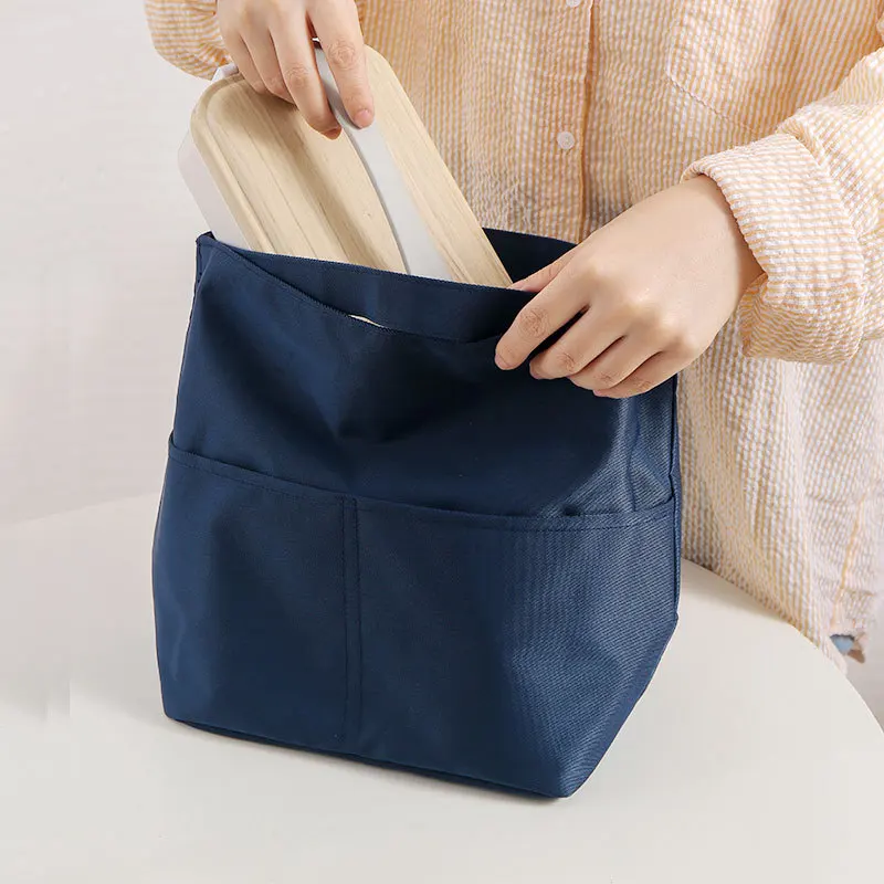 Portable Soft Thermal Lunch Bags Hidden Handle Separated Inner Bag with Bottle Pocket Waterproof Bento Box Pouch Food Storage