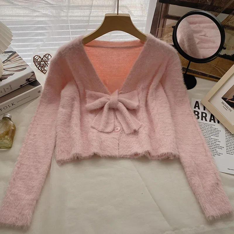 Sweet Girly Pink Imitation Mink Fleece Sweaters Women's Autumn and Winter Korean Style Loose Long Sleeve Knitted Sweater Top