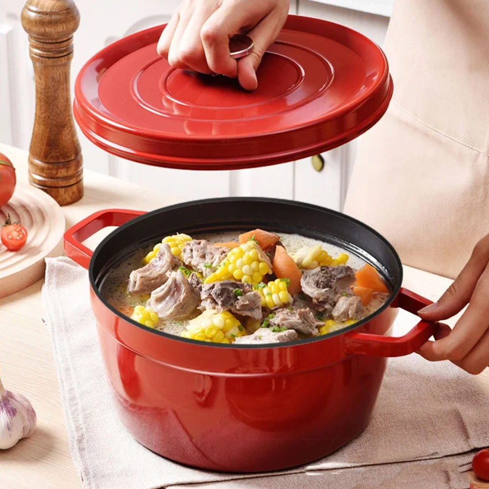 9.5Inch Non-stick Enamel Soup Pot Cast Iron Stew Pan with Lid Household Gas Stove Induction Cooker Cooking Pot Kitchen Cookware