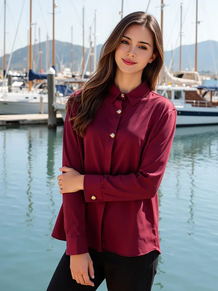 HH Frauen Mode Weinrote Bluse Vintage Gold Knopf Langarm Hemd 2025, Frühling Sommer Weibliche Formale Büro Casual Top