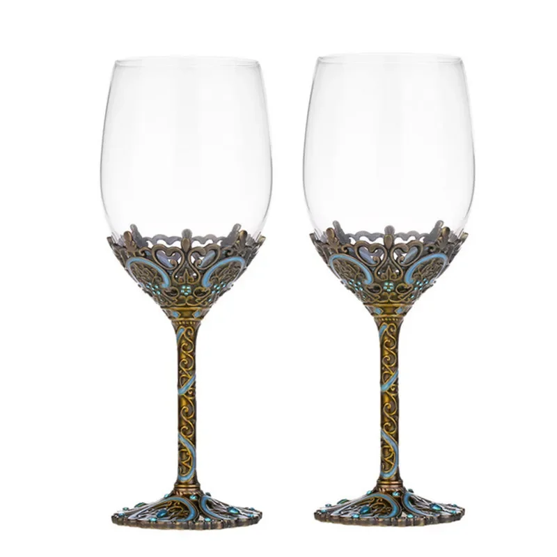 

2Pcs European Enamel Red Wine Glass Cup Retro Goblet Lead-free Crystal Cups Champagne Glasses Cups Wedding Gift Party Drinkware