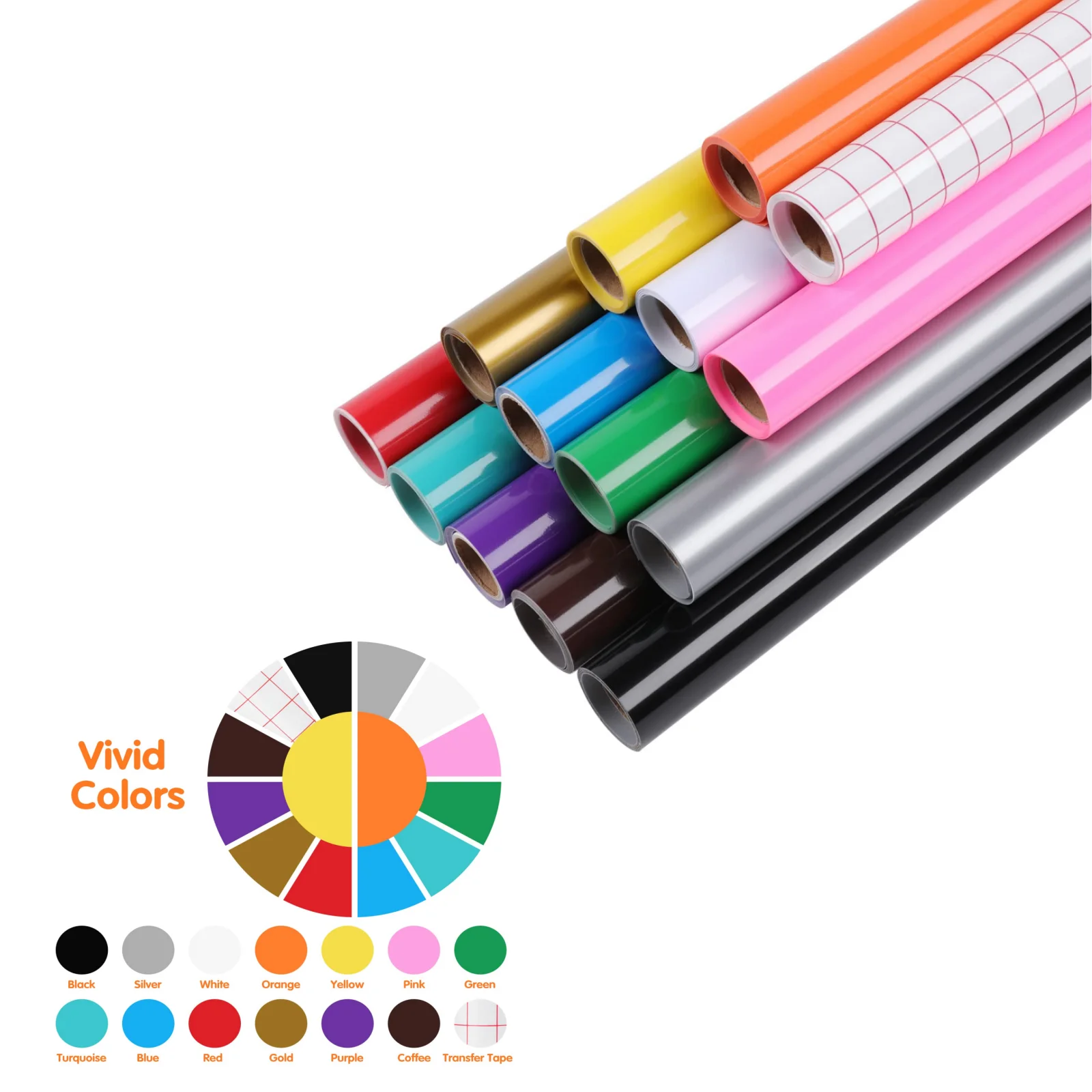 Lot de rouleaux de vinyle permanent HTVRONT 12" x 3 FT, 13 rouleaux multicolores avec adhésif permanent + 1 transfert pour découpe Cricut