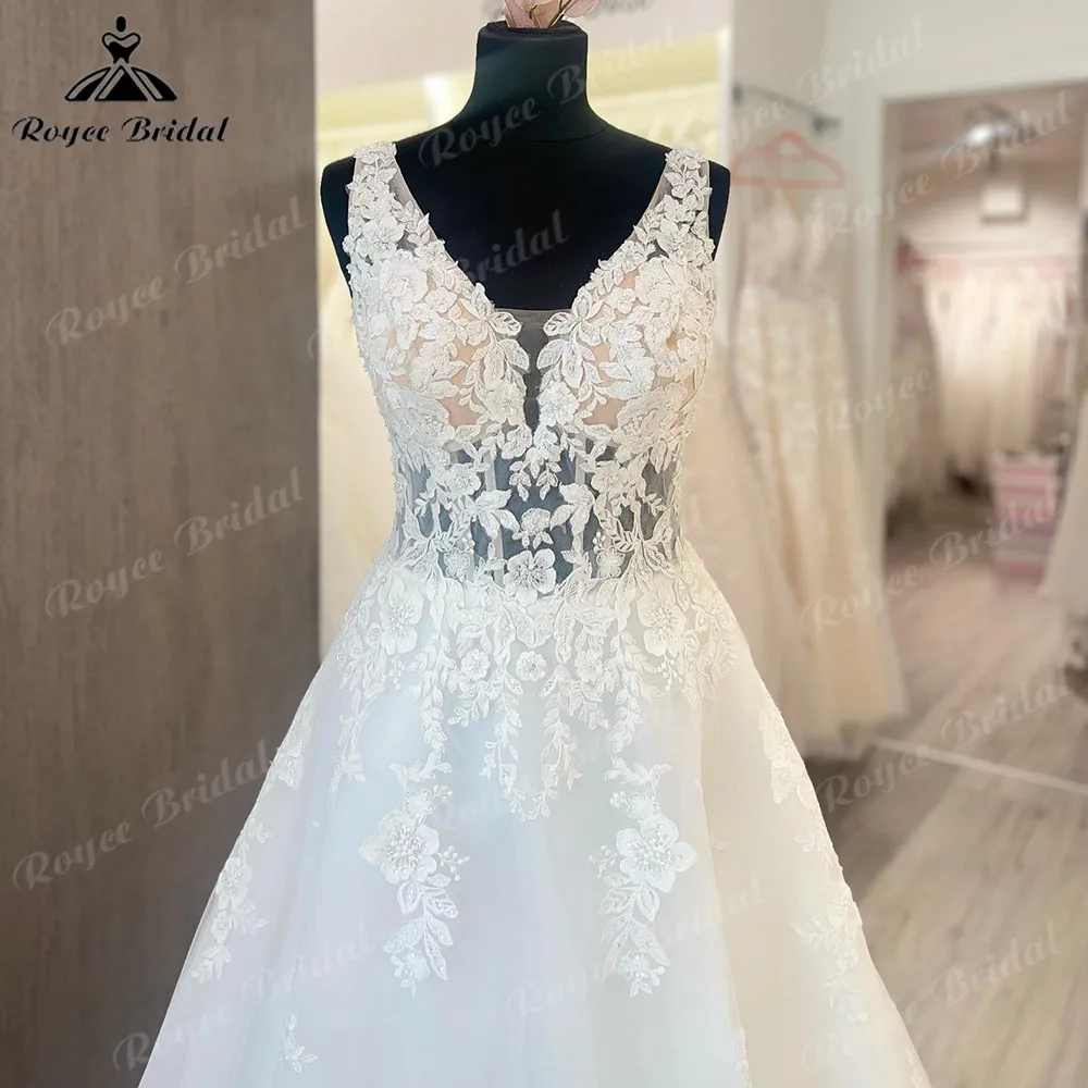 hochzeitskleid Vintage Lace Floral V Neck Backless Wedding Dress for Women 2023 Bridal Gown Cutsom Made Sweep Train Roycebridal