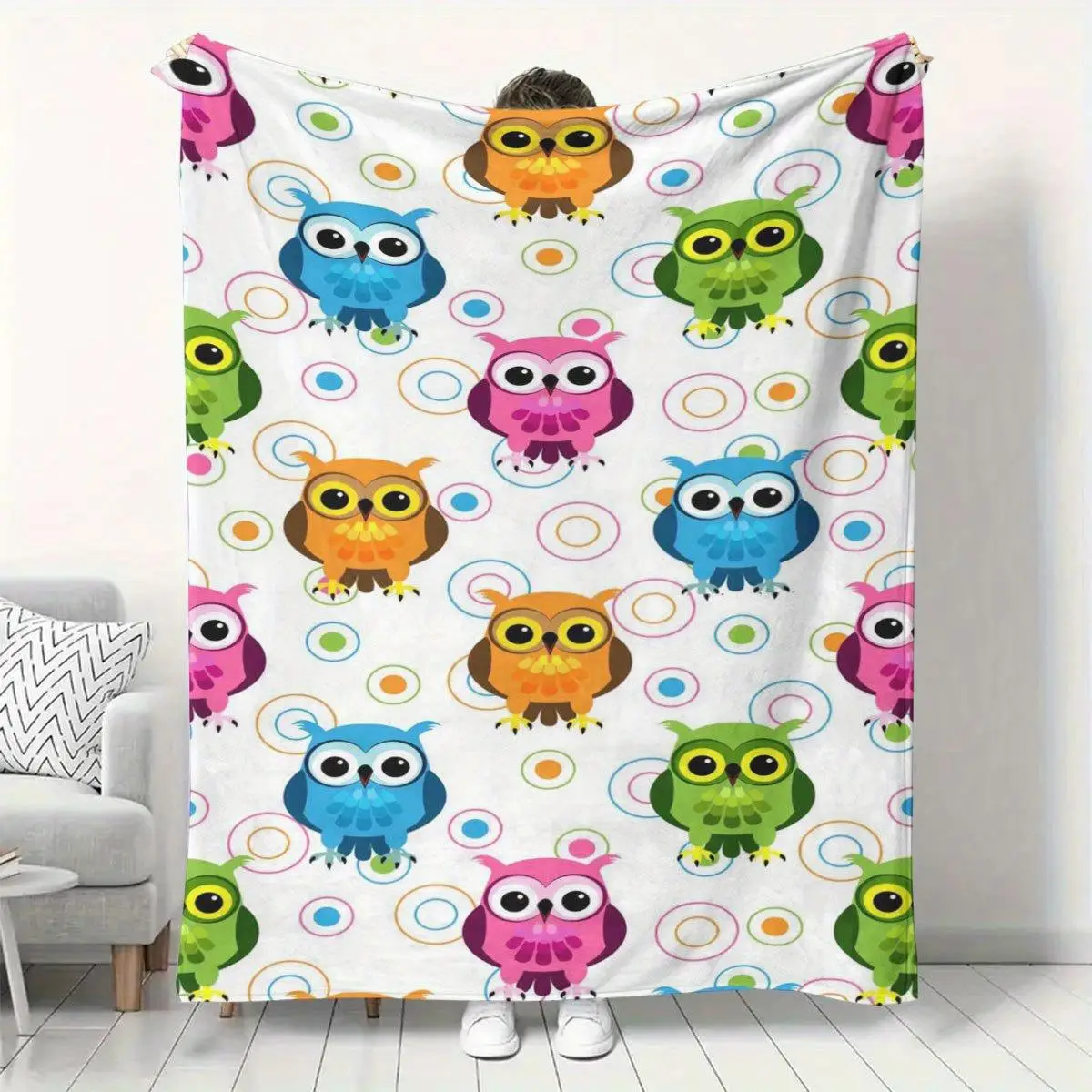 Bright cartoon owl pattern - Soft and warm seasonal blanket, suitable for naps, camping, traveling and home decoration