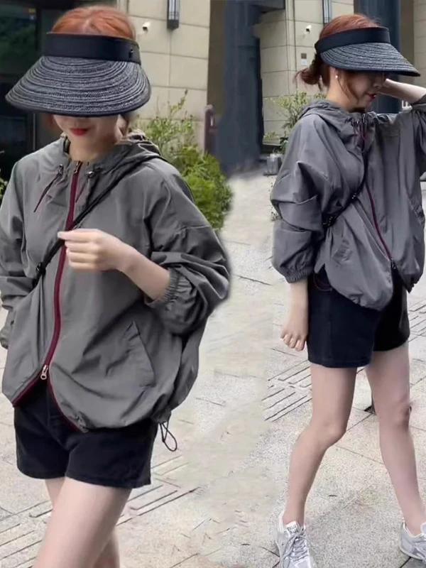Women's Summer New Loose Fit Lightweight Hooded Sun Protection Jacket Breathable Nylon Casual Top Zipper Closure Long Sleeve