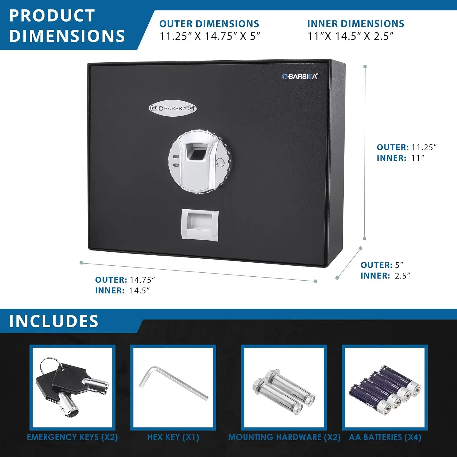 AX11556 Biometric Fingerprint Top Opening Security Drawer Safe Box 0.23 Cubic Ft, Multi, One Size