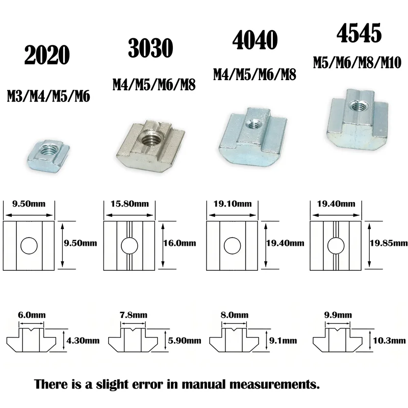 100p/t Block Vierkant mutter m3 m4 m5 m6 m8 T-Spur Gleit hammer mutter für 3D-Drucker 2020 3030 4040 4545 Aluminium-Anschluss profil