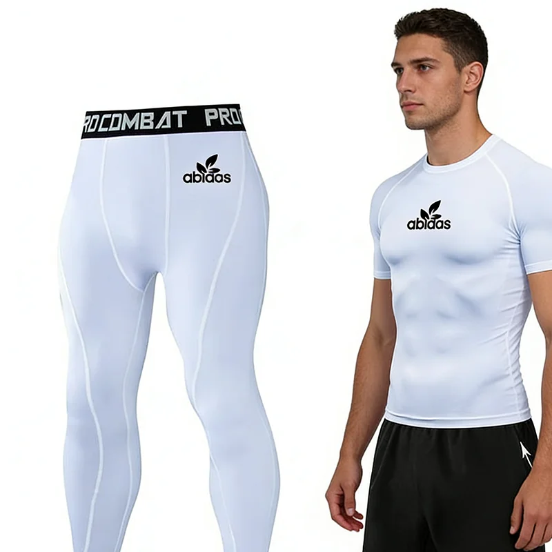 2025 جديد الأبيض الرجال قميص ضيق ضيق ، السراويل المرنة عادية تنوعا رياضة الجري تنفس التجفيف السريع الرجال ثلاث قطع مجموعة
