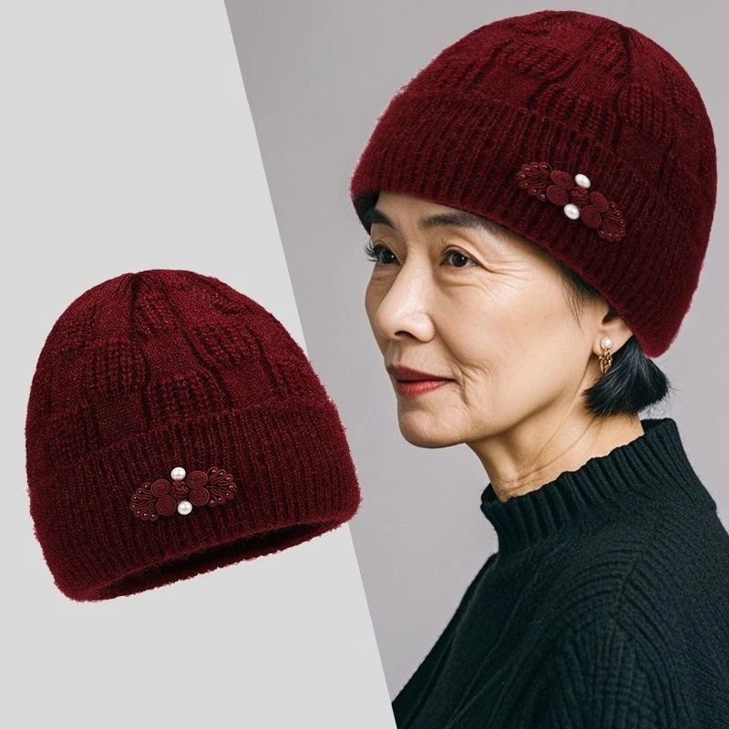 Middle-aged And Elderly Knitted Hats New Style Plus Velvet Thick Warm Wool Hats Mother And Grandmother Hats Pullover Hats