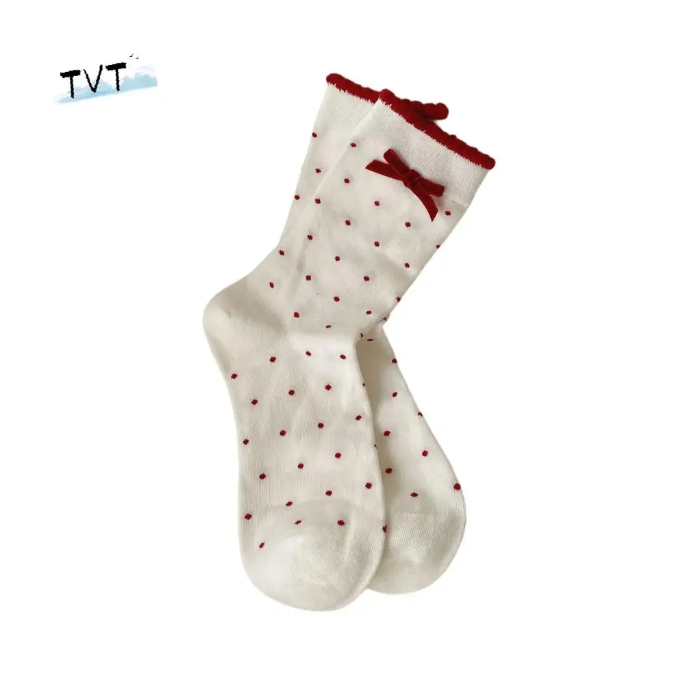 

Trendy Red Color Sweet Girl Socks Double Layer Comfortable Bow Socks Cotton Soft Stacking Socks Daily Wear