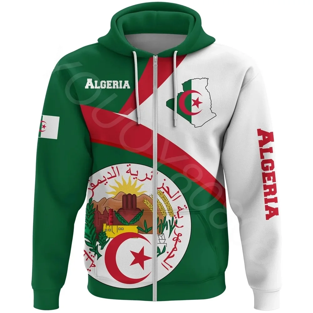 

African Region Fall Winter Hoodie Casual Sweatshirt Printed Algeria Flag Map Green Zip Hoodie Men's Casual Sweatshirt 2022