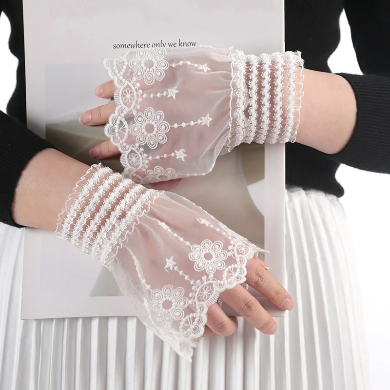 Съемные манжеты, женский свитер, искусственные рукава, вязаные крючком, кружевные манжеты с цветочным принтом, роговые манжеты, вышивка, воланы, рукава с оборками