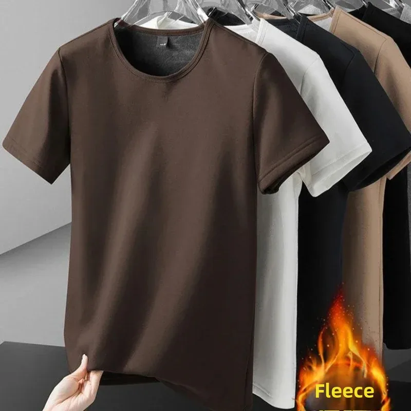 Men Thermal Underwear T-shirt Fleece Thickened Short Sleeve Slim Round Neck Bottom Shirt Velvet Comfortable Top