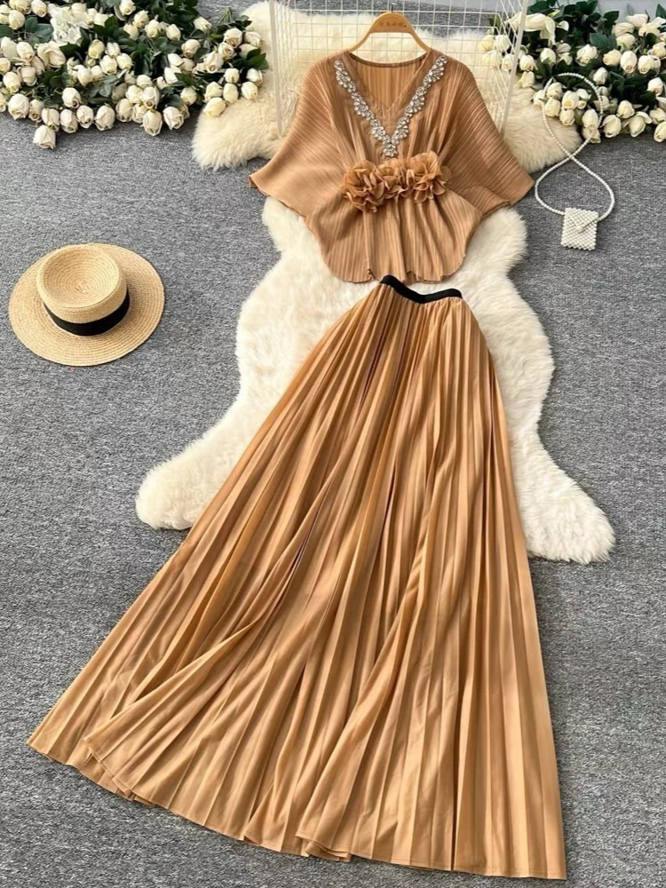 EGRM Elegant Rhinestone Pleated Skirt Sets Slim Party Club Vintage Dress American Fashion Women Clothes Two Piece Set 9R3018 image 6