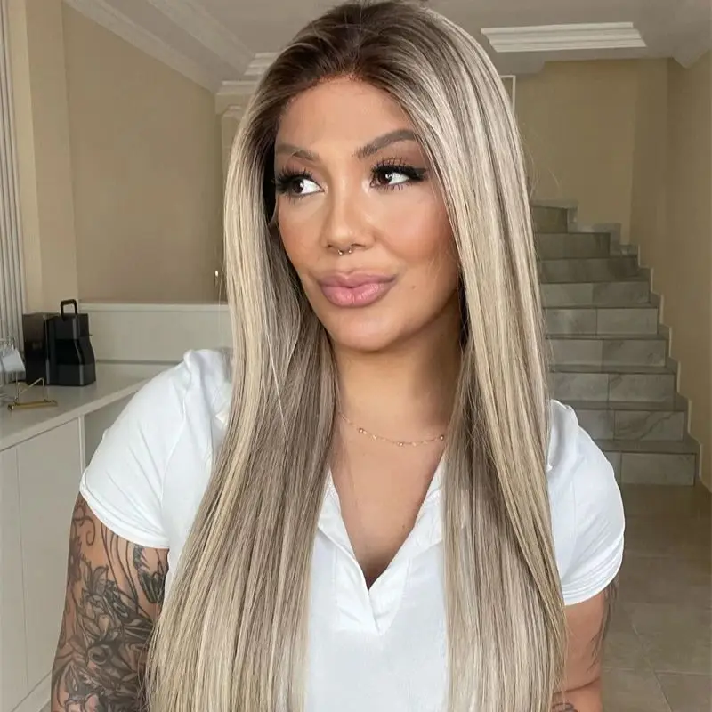 

Ombre Platinum Blonde Wig with Dark Roots Soft Long Straight Lace Front Wig Synthetic HD Wigs Bleached knots Middle Part Wigs
