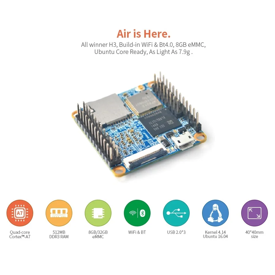 NanoPi-Neo Air Kit 512M RAM/8GB eMMC Allwinner H3 Quad Cortex-A7, 1,2 GHz,Wifi y BT, cámara, OpenWRT,Ubuntu Linux Armbian DietPi Kali