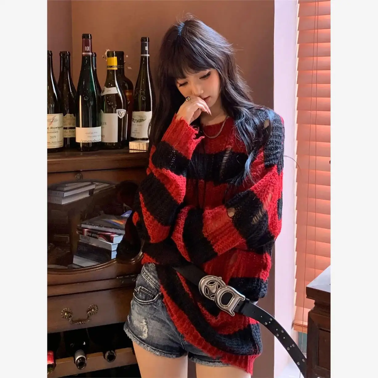 2026 New Autumn Lazy Y2K Black Red Striped Knit Sweater Women Ripped Long Sleeve Pullover Niche Subculture Top Fashion Knitwear