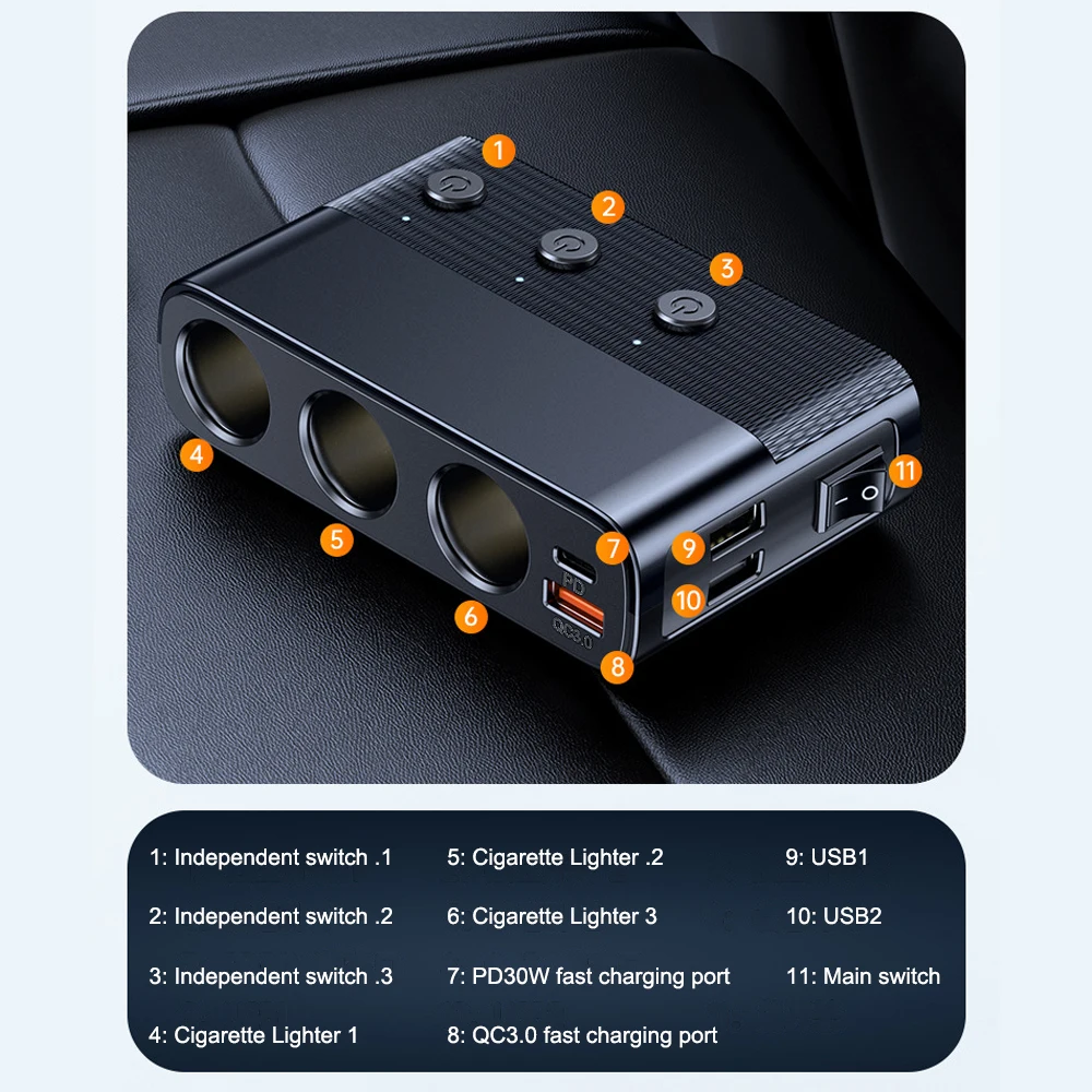 Car Charger Adapter Socket Cigarette Lighter Splitter USB+PD+QC3.0 127W 7-in-1 Socket Cigarette Lighter Splitter