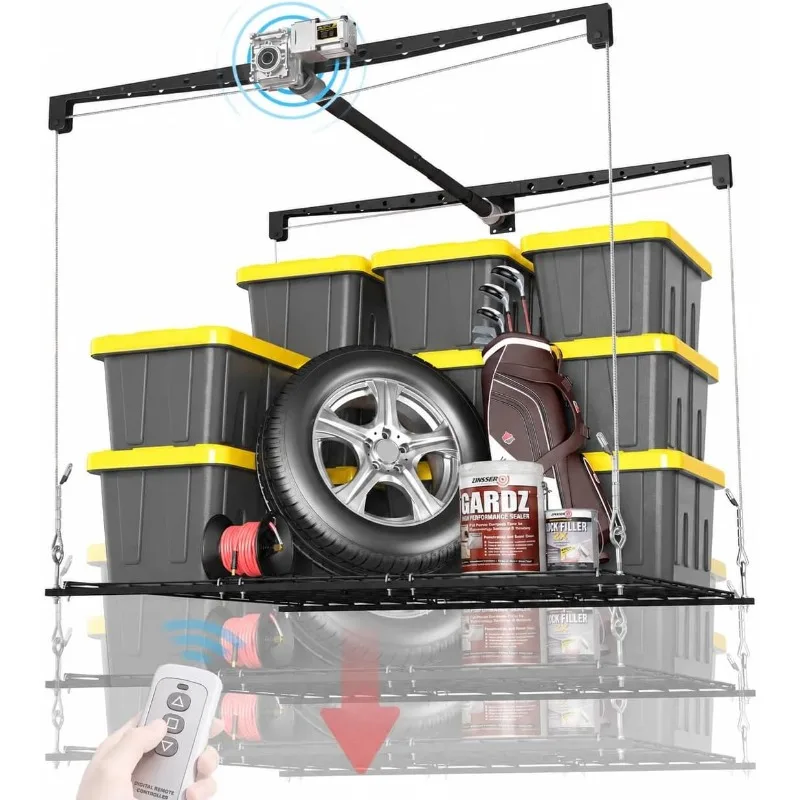 Motorized Overhead Garage Storage Rack with Remote Control, 4x4 FT Garage Ceiling Storage Racks, Heavy-Duty Lift