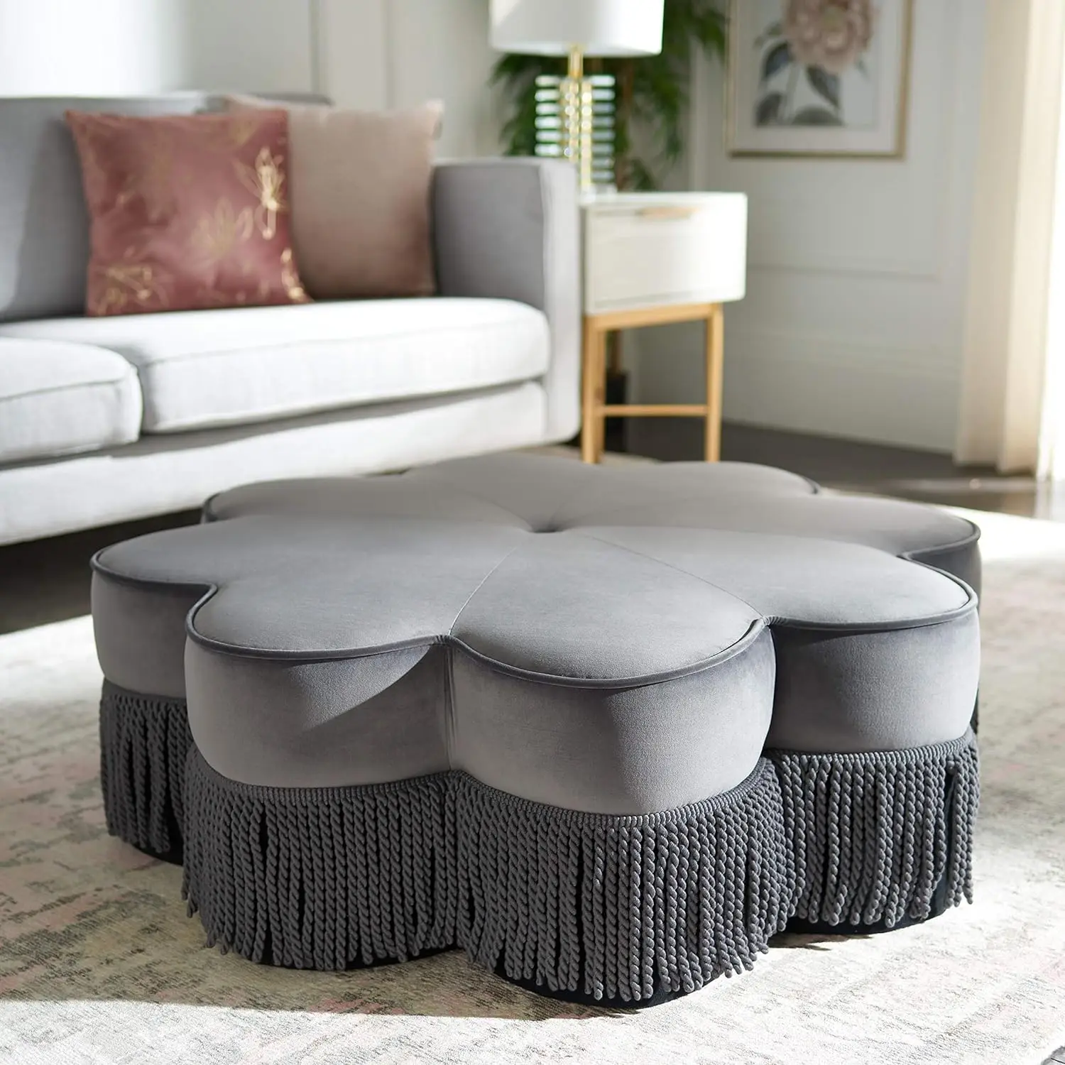 

Safavieh Home Tanith Dark Grey Velvet Flower Ottoman