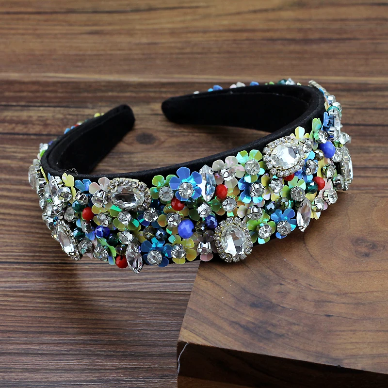 Handmade Flower Crystal Sequins Beaded Hairband Colorful Diamante Baroque Handwoven Headband For Women Hair Jewelry